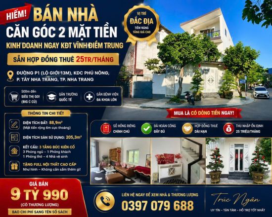 Hiếm: Bán nhà căn góc 2 mặt tiền kinh doanh ngay KĐT Vĩnh Điềm Trung - Sẵn hợp đồng thuê 35tr/tháng