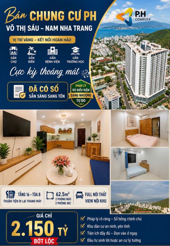 Bán chung cư 2PN - 2WC PH Võ Thị Sáu Nha Trang, Giá 2ty150